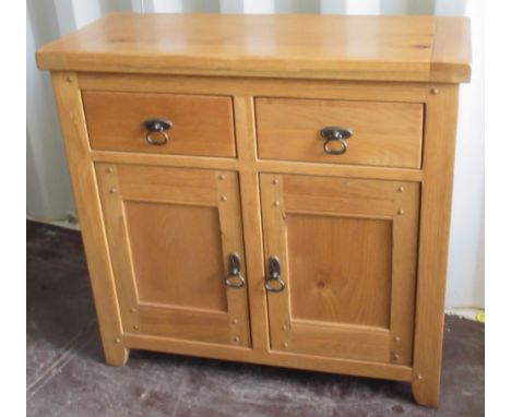 Small contemporary oak side cabinet, two drawers above two doors, W84cm D35cm H87cm 