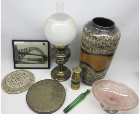 1970's German art pottery vase, H40cm; brass oil lamp with opaque glass shade, H52cm; miniature brass miner's lamp and other 