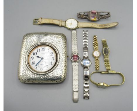 Swiss 8 day blued steel goliath pocket watch with presentation silver mounted pocket watch stand dated 1908, Synyer &amp; Bed