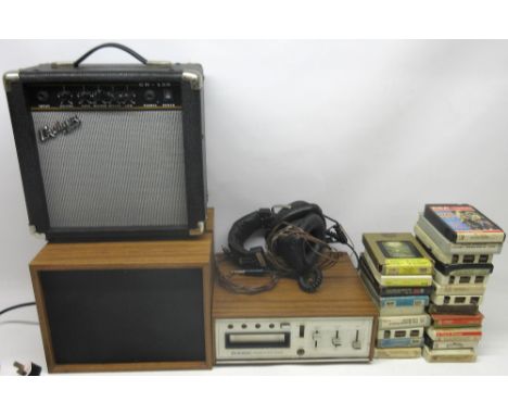 Vintage amerex stereo 8 tape player with headphones and twenty-one cassettes and a Cruiser by Crafter amplifier CR-15B 