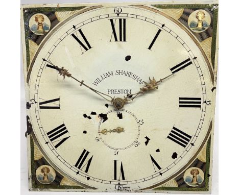 William Shakeshaft Preston, 19th Century 30 hour longcase clock movement, signed painted 14" Roman dial with subsidiary date 