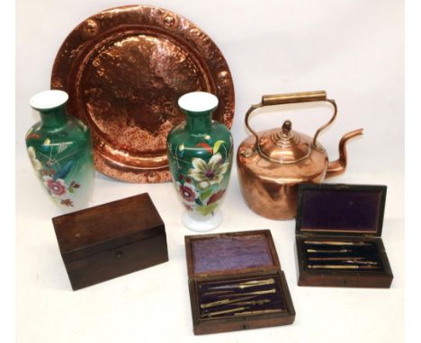 Two mahogany cased writing instrument sets, mahogany tea caddy, copper charger, copper kettle, and two late Victorian painted
