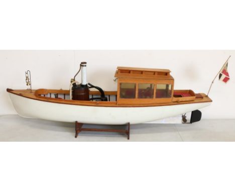 Large steam powered inland pleasure cruiser yacht/model boat, plastic hull, wooden structure, engine detached from prop shaft