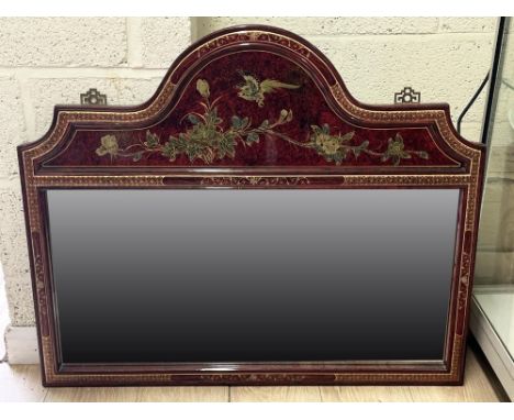 Modern Chinese red lacquered mirror, painted with birds and blossom, L91cm H76cm 