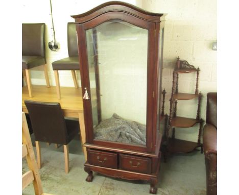 Geo.III style arched top display cabinet, with bevelled glass door and sides above two drawers, on cabriole legs, W75cm D40cm