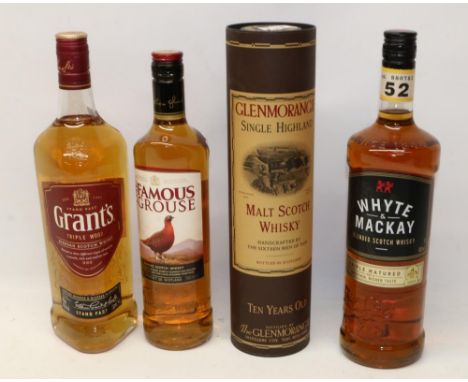 Glenmorangie Single Highland Malt Scotch Whisky 70cl in gift tube, and three bottles of blended Scotch whisky comprising Famo