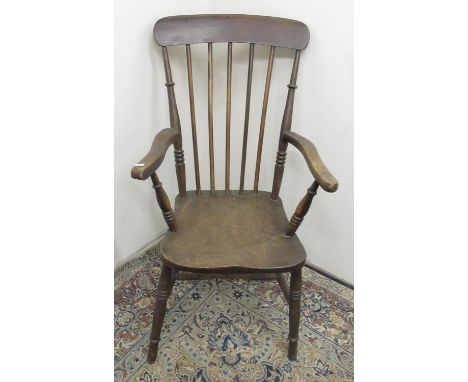 Victorian beech and elm stick back Windsor chair, on turned supports with stretchers 