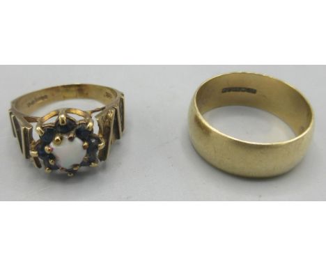9ct yellow gold wedding band, size Q, and a blue stone and opal cluster ring, size N1/2, both stamped 375, 9g