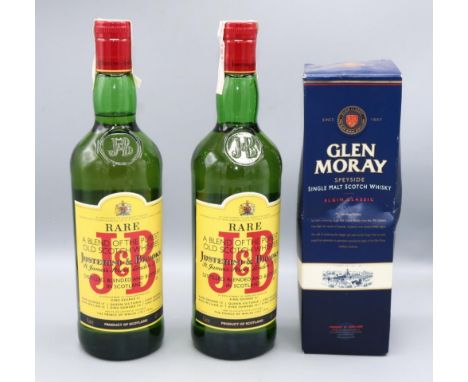 Two 1 litre bottles Justerini &amp; Brooke rare blended Scotch whisky, and a Glen Moray Speyside single malt 70cl (3) 