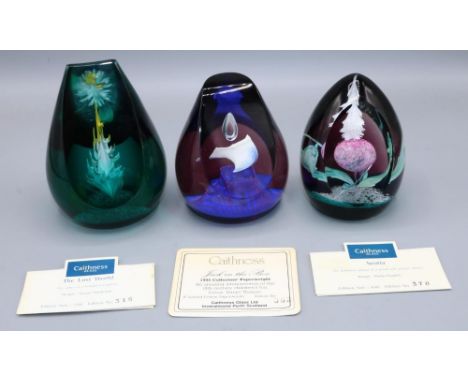 Three Caithness limited edition paperweights: The Lost World, Jack in the Box, and Scotia, with paper labels 