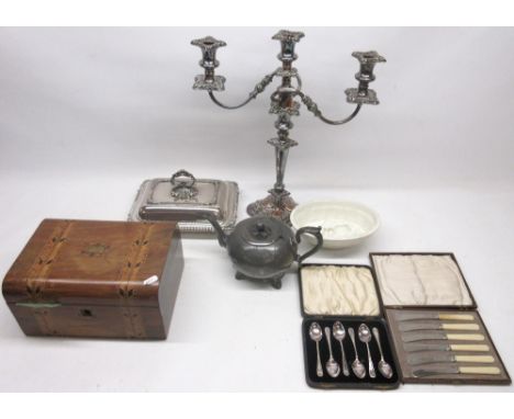Copeland jelly mould, W21.5cm; EPNS three branch candelabra; EPNS entrée dish; two cased sets of EPNS cutlery; 19th century p