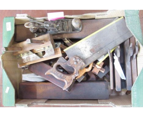 Large selection of vintage woodworking tools, including a saw, planes, clamps etc. 