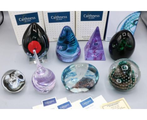 Collection of Caithness glass paperweights, incl. Poppy, Mooncrystal, Goldrush, and others (8) 