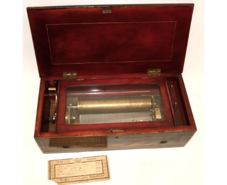19th century Swiss cylinder music box, playing four airs, in rosewood and scumbled case with inlaid floral panel and stringin