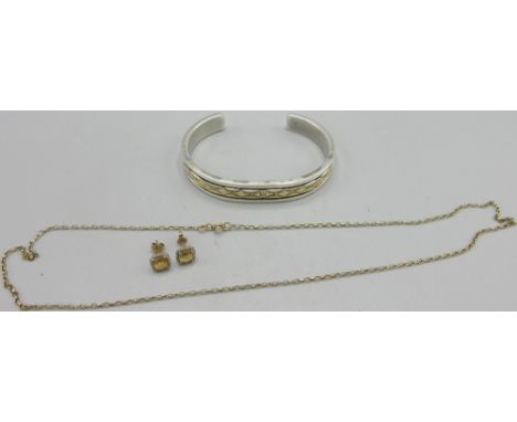 B. Morgan, Silver and 14ct bangle, stamped 14k Sterling, 49.04g, a pair of 9ct yellow gold earrings set with yellow stones, a