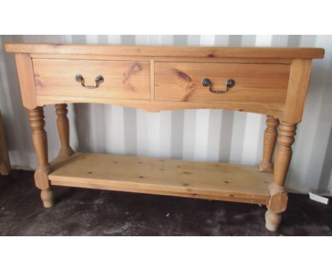 Narrow pine dresser, with two drawers on turned supports with pot-board stretcher, W122cm D31cm H80cm 