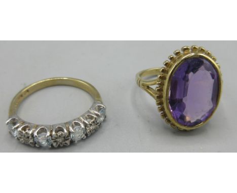 9ct gold ring set with oval cut amethyst, size K 1/2, and a 9ct gold ring set with diamonds and pale blue stones, size M1/2, 