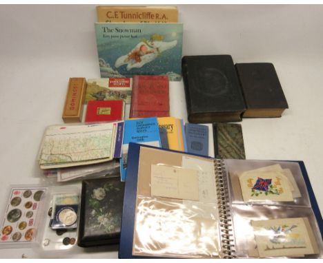 Collection of WWI silk embroidered postcards, a selection of vintage books, ordinance survey maps, family, mammoth book of th