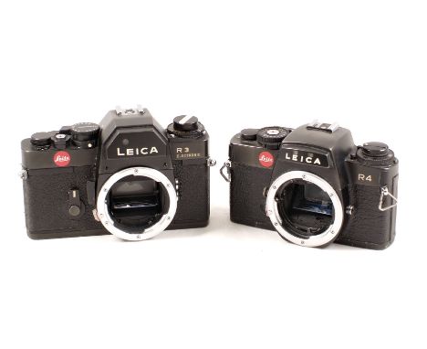 Two Leica R Series Camera Bodies. Black Leica R4 camera body #1559302 (condition 5F) plus a black Leica R3 Electronic body. S