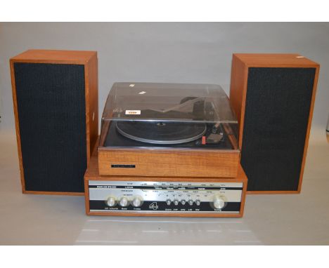 A Marconiphone record deck together with an amplifier and two speakers.