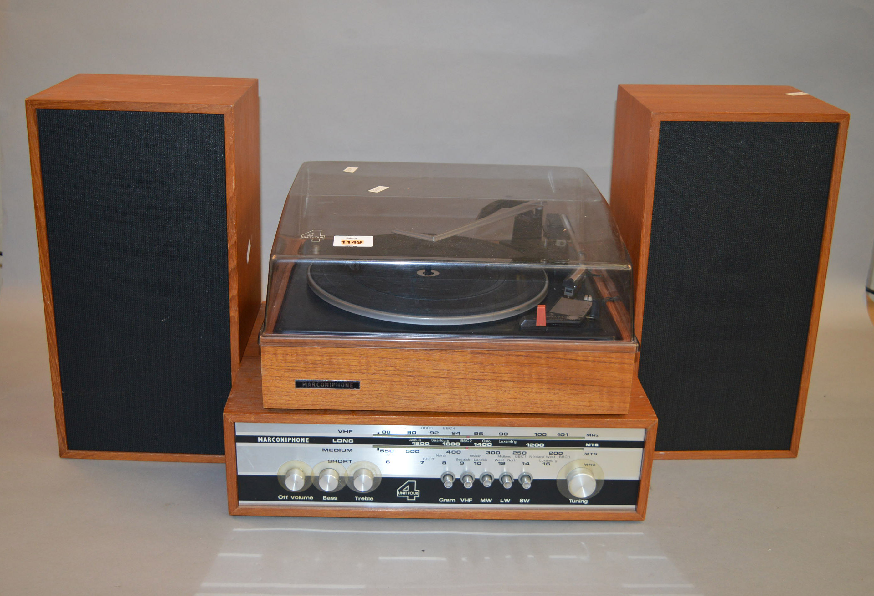 A Marconiphone record deck together with an amplifier and two speakers.