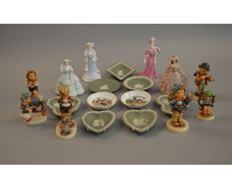 A collection of Hummel and Coalport figures together with various pieces of green Wedgwood Jasperware (20)