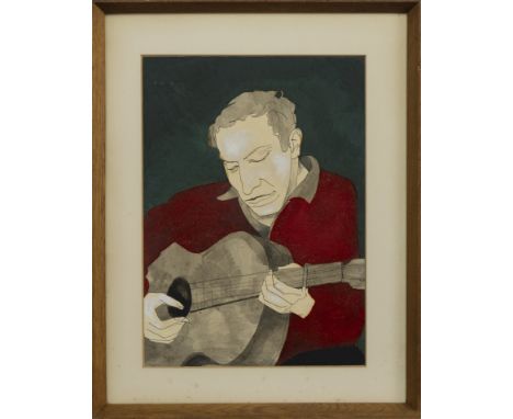 * ALASDAIR GRAY (SCOTTISH 1934 - 2019), RED GUITARIST mixed media on paper, signed, titled and dated 1967 verso image size 35