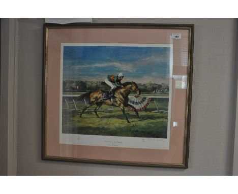 Signed and Framed print - Royal academy Lester Piggott by Claire Eva Burton signed in pencil by both Artist and Lester Piggot
