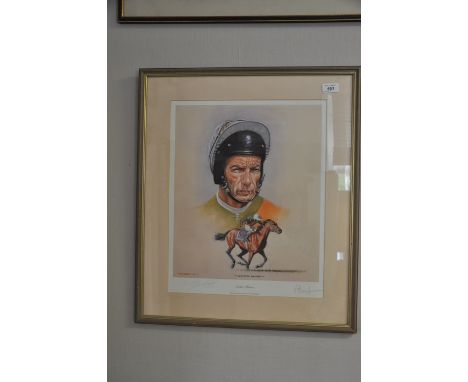 Framed and Signed print - Lester's Return by Peter Deighan. signed by Artist and Lester Piggott in Pencil 54cm x 63cm  