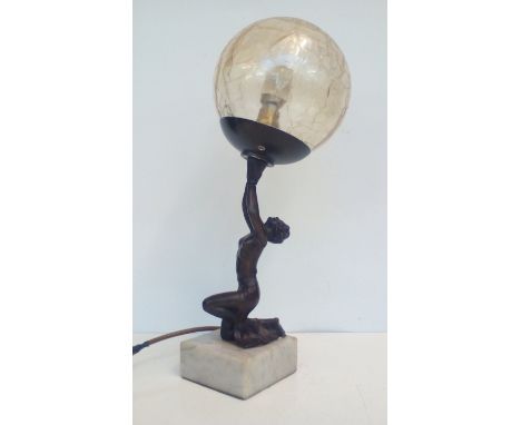 Art Deco Bronze Table Lamp, slight cracking to hands 40cm height