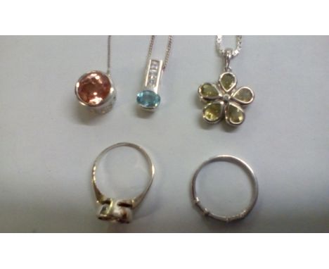 Two Silver Dress Rings, Size R, Together With Three Silver Necklaces and Pendants 