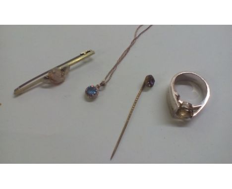 Silver Dress Ring, Size U, Silver pin brooch, Silver Necklace and Pendant and further Stick Pin 