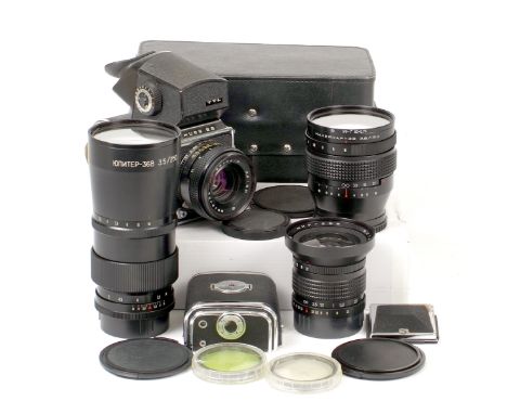 Extensive Kiev 88 Medium Format Outfit. Comprising body #8205471 with 80mm f2.8 lens #8812422, WLF (chrome poor), TTL prism (