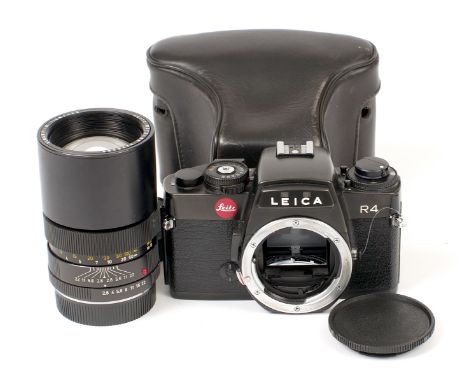 Black Leica R4 Body with Elmarit-R 135mm f2.8 Lens. Body #1607508 (condition 5/6F) lens #2378295 (slight mark to rear element