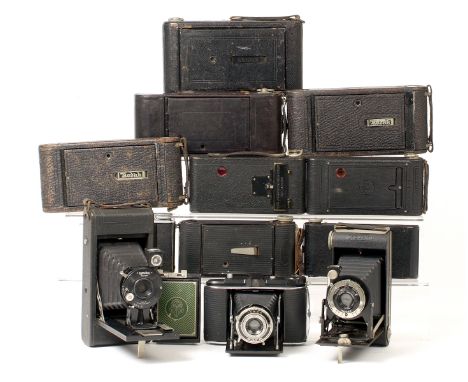 Twelve Folding Cameras, Mostly Ensign &amp; Kodak Cameras.  Also a front panel/bellows assembly from a Kodak VP Boy Scout cam