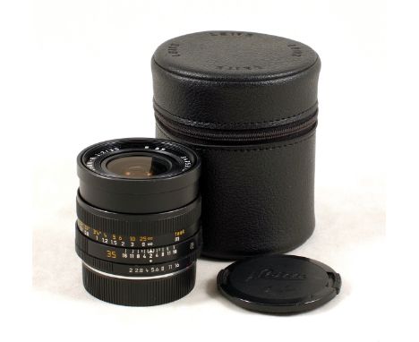 Leitz (Germany) 35mm f2 Summicron-R Lens. #3475310 (condition 4/5F) with caps and soft pouch.