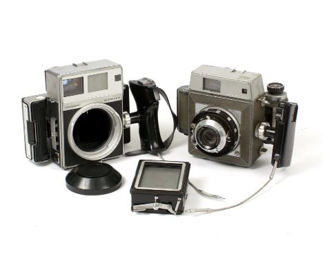 Two Mamiya Roll Film Cameras. Mamiya Press 6x9cm roll film camera with 90mm f3.5 lens (condition 6F) and a Mamiya Universal b