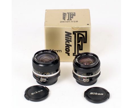 Two Nikkor Wide Angle Manual Focus Lenses. Nikkor 20mm f3.5 Ai lens #195706 (condition 5F) and a 24mm f2.8 Ai-s lens #774140 