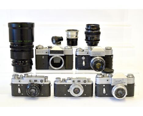 Collection of Soviet Cameras &amp; Lenses. To include Zorki rangefinder camera with 50mm f3.5 lens; Zorki 2c with 50mm f3.5 l