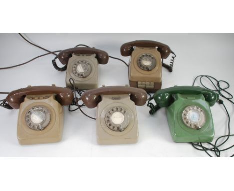 FIVE COLOURED PLASTIC CRADLE TELEPHONES and rotary dialing, one green and four grey (5) 