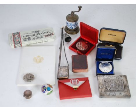 AN EARLY TWENTIETH CENTURY WHITE METAL CANDLE LIGHTER AND EXTINGUISHER COMBINING MATCH CASE HOLDER, a selection of DRESS BUTT