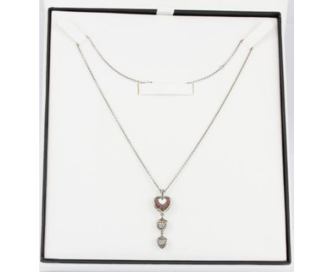 A matching boxed 925 silver Nicole Barr necklace with ruby and diamond set drop pendant, chain L. 46cm.