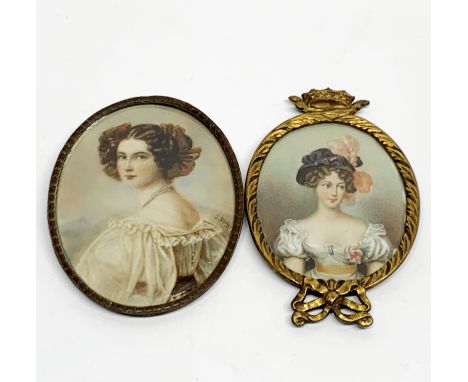 Two hand painted antique portrait miniatures of ladies, largest 9cm.