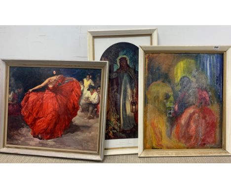 A framed oil on board with a 1970's print and a light of the world print.