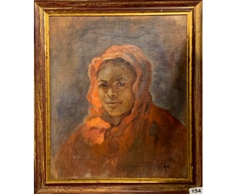 A gilt framed portrait oil on canvas laid on board, initialled R E, frame size 46 x 52cm.