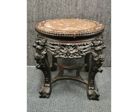 A 19th century Chinese mother of pearl inlaid marble topped table, W. 53cm, H. 45cm. (Marble top A/F).