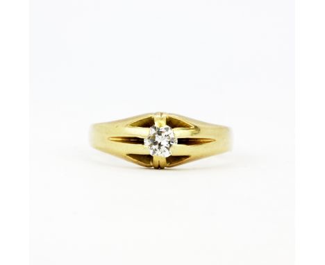 A yellow metal (tested minimum 14ct gold) solitaire ring set with a brilliant cut diamond, approx. 0.25ct total, (T.5). Gross