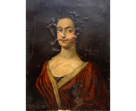 A large 18th century oil on canvas portrait of a lady cut and re-laid on a later canvas and stretcher, frame size 54 x 69cm.