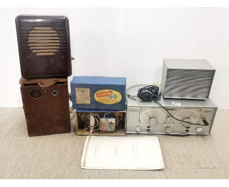 A Codar radio receiver and speaker with headset and a further Bakelite speaker, Jonathon shortwave radio and a pine boxed rad