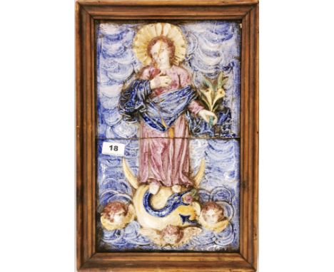A 19th century Continental (possibly Spanish) framed ceramic relief decorated two tile panel of the Madonna (A/F) frame size 